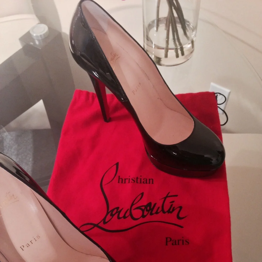 Christian Louboutin Black Patent Platform Pumps with Red Soles - Picture 4 of 4